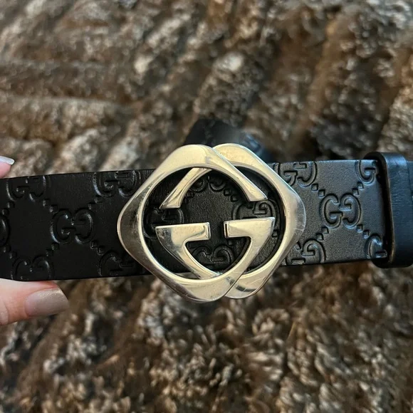 Authentic Gucci Black Monogram Leather Silver Interlocking Square G Belt 110/44